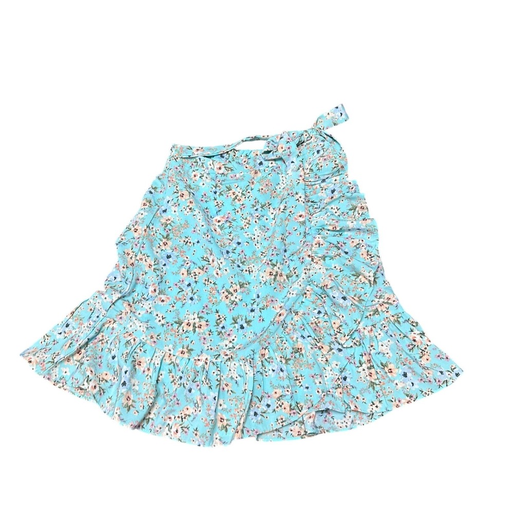 Ally B Turquoise Floral Ruffle Wrap Mini Skirt Blue Pink Flower Print Medium NEW